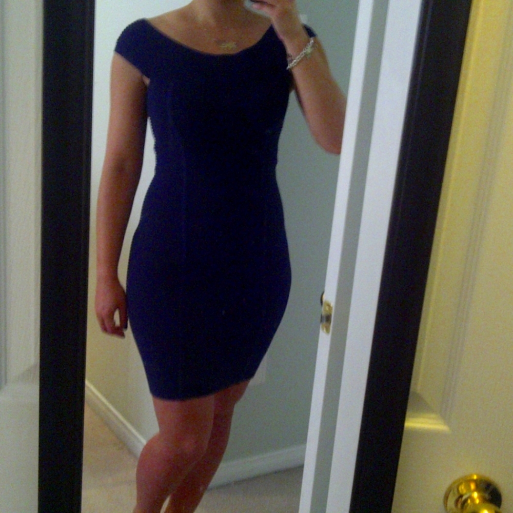 Navy, off the shoulder bandage dress